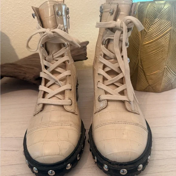 SCHUTZ Cream Croc-Embossed Combat Boots with stud detail - Picture 5 of 9